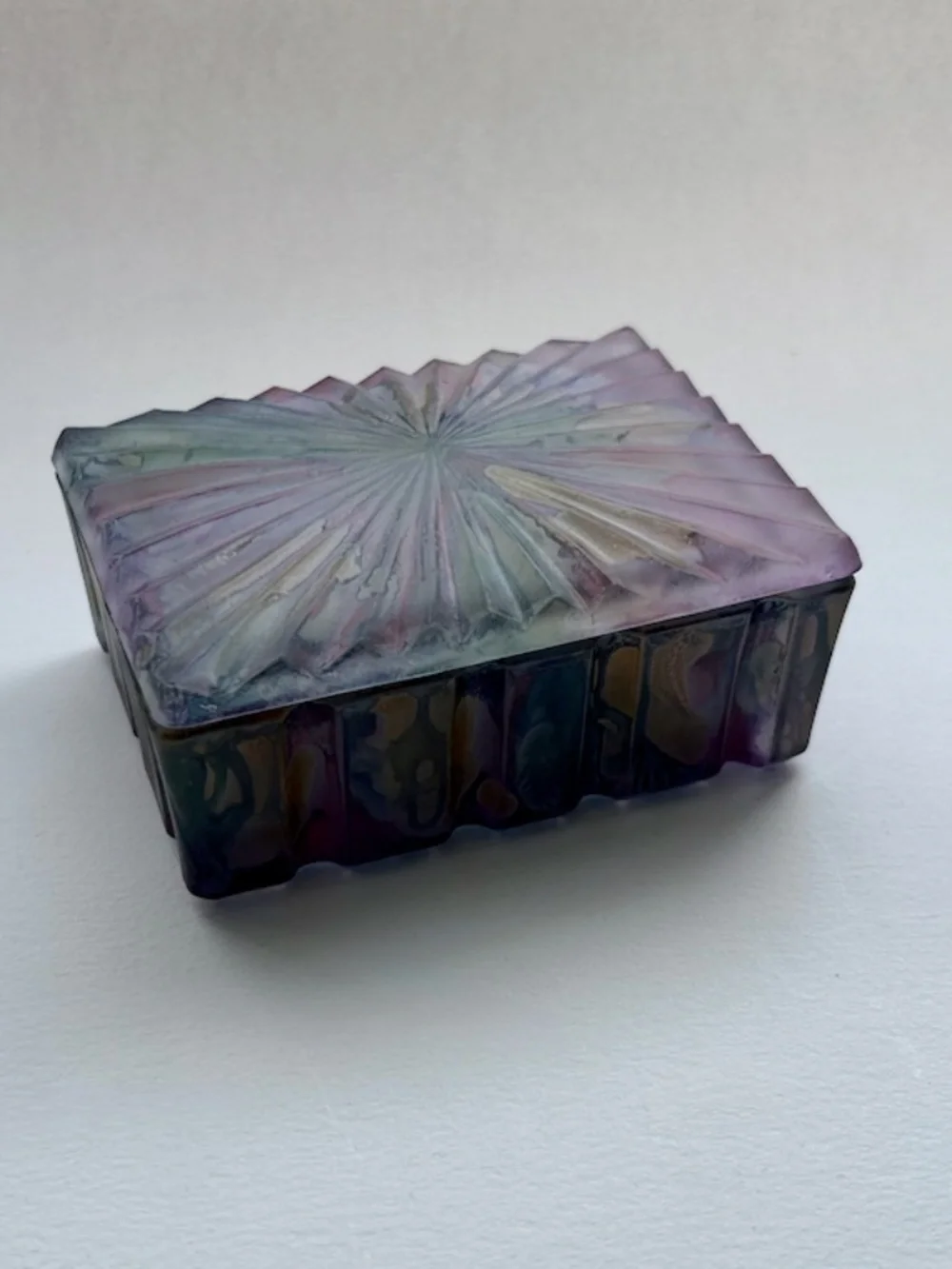 Colorful Sunburst Pattern Ribbed Glass Box, 1970's